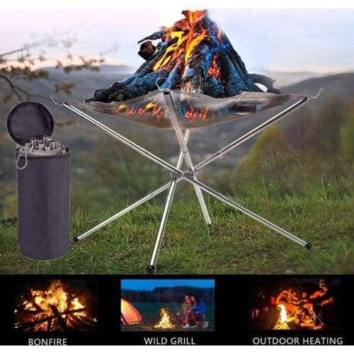 Portable Outdoor Fire Pit Stainless Steel Mesh Fireplace Foldable For Bonfire Camping Wood Stove Stand With Carrying Bag Heater