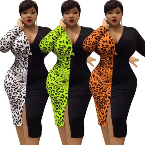 Plus Size Womens Summer Black Sexy Leopard Print Split V-Neck Irregular Dress Stitching Dress