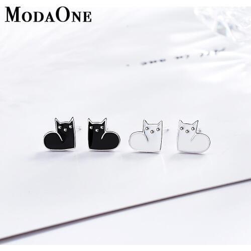 ModaOne Super Cut Small Black White Cat Sterling Silver Stud Earring For Women Korean Trendy Jewerly Aretes De Mujer