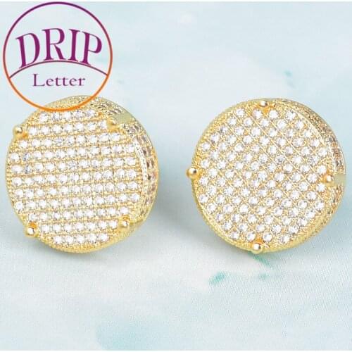 14MM Gold Color Big Round Stud Earring Screw Back Mens Earrings Fashion Hip Hop AAAA Cubic Zircon Jewelry