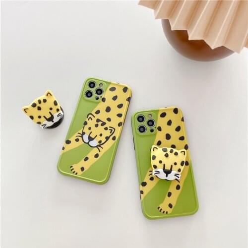 Funny Animal Leopard Silicone Phone Case for iphone 12 MiNi SE 7 8 X XS XR MAX 11 Pro Plus With Expanding Phone Stand Soft Cover