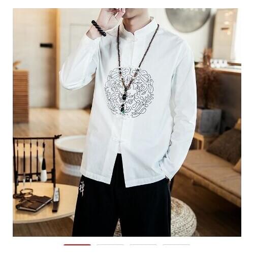 Traditional Chinese Clothing For Men Cotton Linen Shirts White Embroidery Kung Fu Tai Chi Hanfu Male China Style Tops