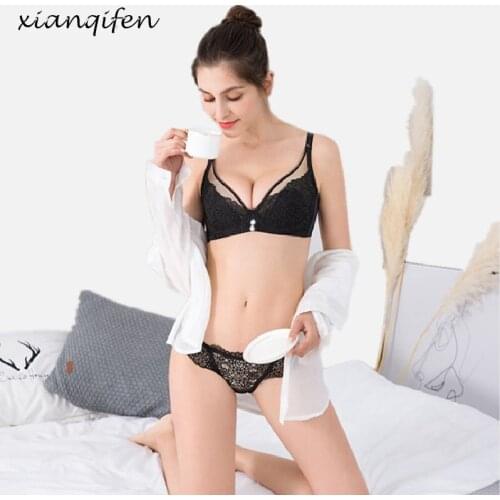 Xianqifen Ultra Transparent Thin Sexy Lace Bras set Brief Push up Bralette Plus Size Brassiere Girl Underwire Lingerie Intimate
