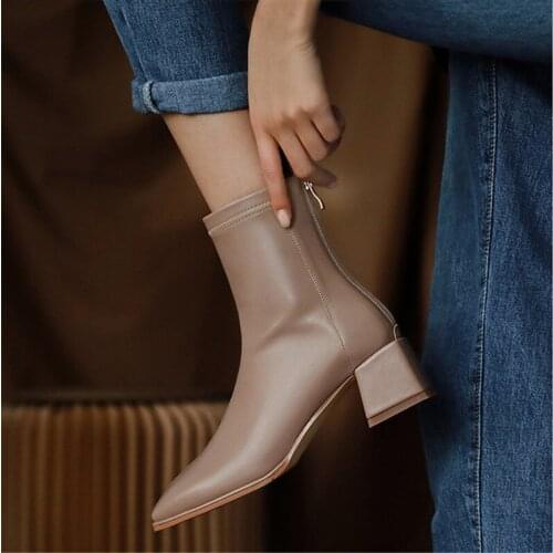 2021 NEW Stretch Ankle Boots Woman Thick Med Heel Booties Square Toe Slim Ankle Shoes Women Zipper Skid Proof Autumn Winter Boot