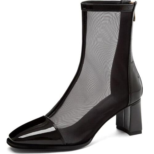 ZJVI Ankle Boots 2021 Women Patent PU Mesh Black Womens 6cm square Heels Toe Shoes Ladies Sandals Fashion Summer Girls Sexy boot