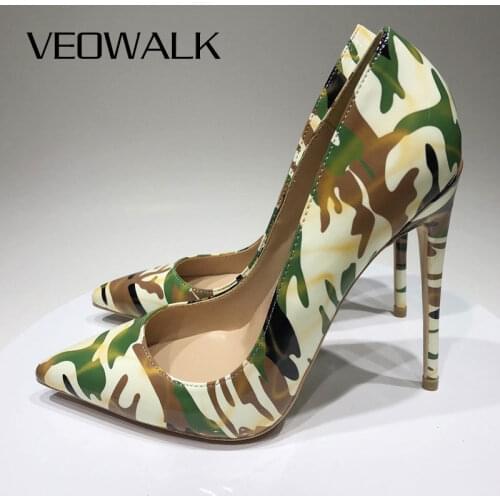 Veowalk Camouflage Printed Women Patent Pointed Toe Stiletto High Heels 8cm 10cm 12cm Ladies Party Dress Pumps Shoes Size 3-12