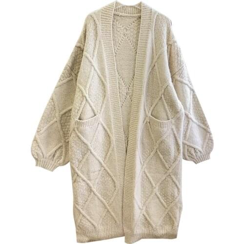 2020 Winter Casual Knited Trench Coat Women Cartoon Pattern Cardigan Open Stitch Windbreaker Knitting Long Outwear Oversize