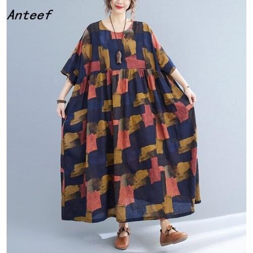 Short sleeve cotton vintage print dresses for women casual loose long woman summer dress elegant clothes 2021