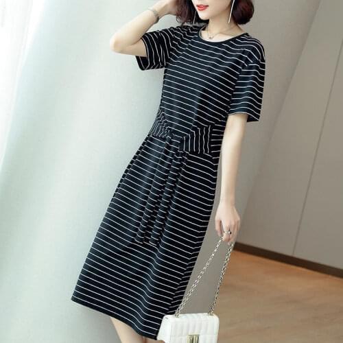 T-Shirt Short-Sleeved Dress Womens Summer 2021 New Loose Large Size Mother Mid-Length Round Neck Striped Black Dress Women E535