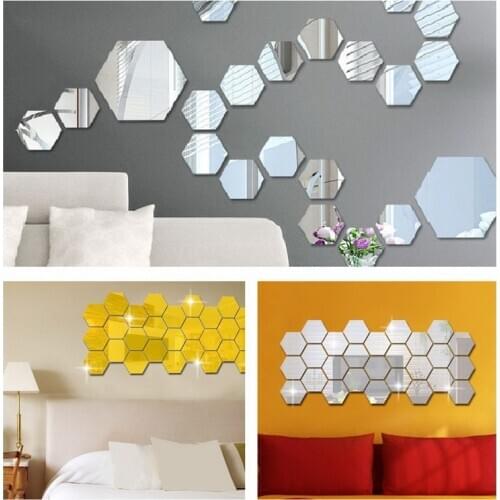 12PCs Geometric 3D Hexagon Mirror Wall Sticker Home Decor Enlarge Living Room Removable Safety 2 Sizes DIY Wall stickers