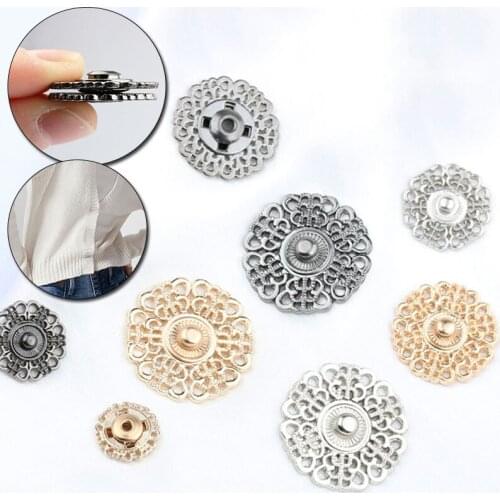 5sets 15-30mm Hollow Flower Shaped Metal Snap Buttons Gold Silver Black Color Decorative Button DIY Sewing Clothes Accessories
