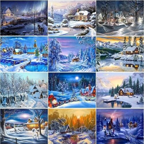 5D Diy Diamond Painting Winter Snow Scenic Cross Stitch Kit Embroidery Mosaic House Landscape Art Picture Set Home Decor Gift