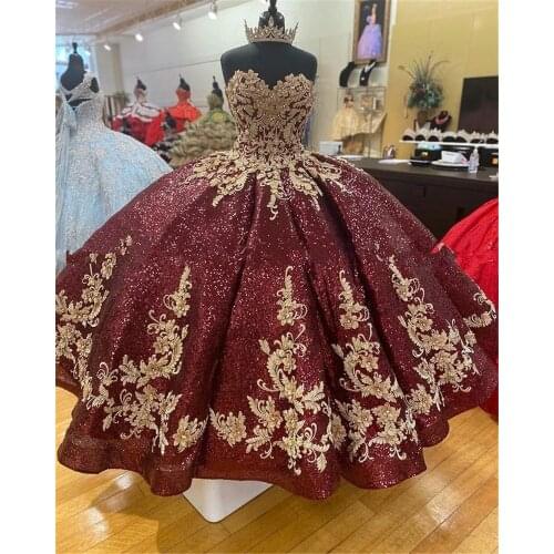 Sparkly Off The Shoulder Burgundy Long Sequin Lace Ball Gown Lady Quinceanera Dress Plus Size Vestidos De Quinceañera 15 Años