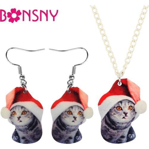 Bonsny Acrylic Christmas Hat American Short Hair Cat Jewelry Sets Necklace Earrings Animal Pet Jewelry For Women Girls Teen Gift