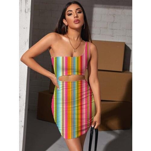 Giyu Brand Colorful Dresses Women Stripe Hollow out Dresses Gradient Bodycon Dress Rainbow Halter Sleeveless Womens Clothing