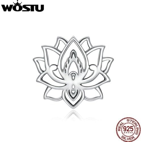 WOSTU Blooming Lotus Beads 925 Sterling Silver Purity Flower Charms Pendant Fit DIY Bracelet Necklace Jewelry BKC1724