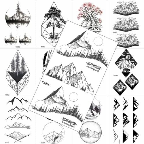 Black Mountain Geometric Temporary Tattoos Sticker Realistic For Men Washable Tattoo Decal Body Art Drawing Fake Forest Tatoos