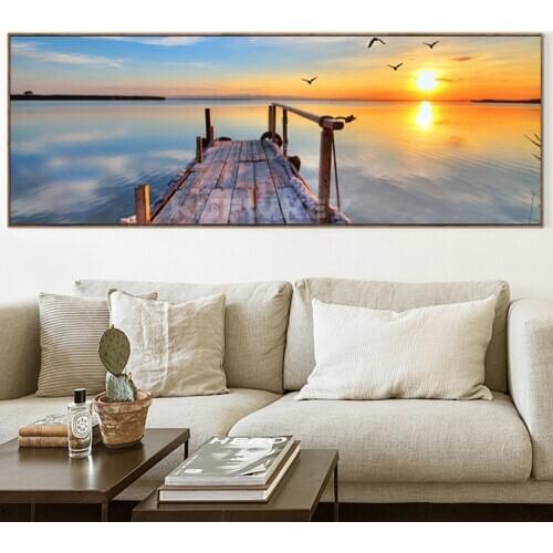 Diy Handmade seascape Diamond Painting Diamond Embroidery square drilling Wooden Bridge and Sunrise Pictures for Living Room art