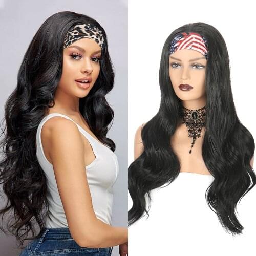 Long Wavy Synthetic Headband Wig Natural Wave With Scarf Heat Resistant Head Band Wigs For Women African Americans Daily Party
