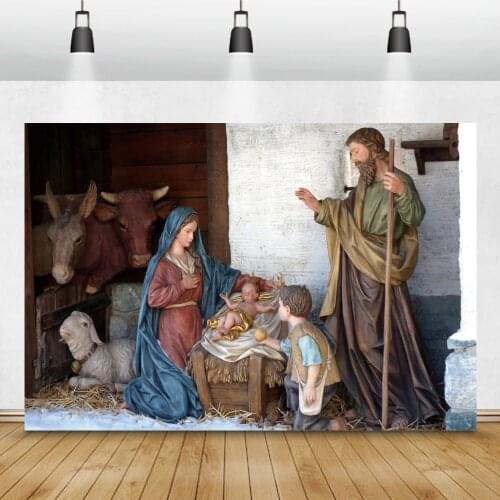 Laeacco Christmas Festivals Nativity Scene Jesus Birth OX Sheep Shepherd Shed Party Decor Photo Background Photography Backdrops