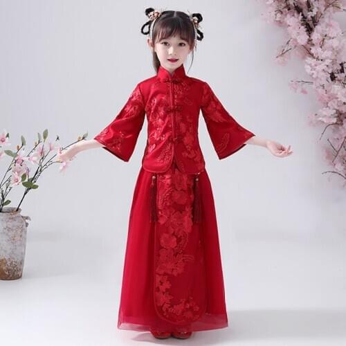 Girls Han Fu Chinese Style Embroidery Flower Girl Dress For wedding party Evening birthday Dresses to attend the first dress