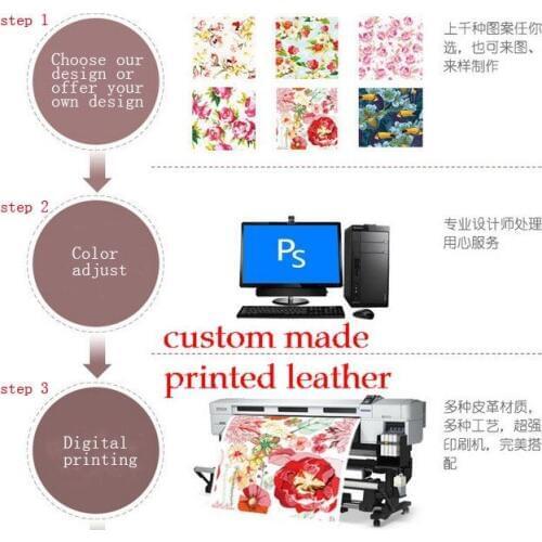 Customized digital own brand design printing synthetic PVC/PU leather fabrics supply