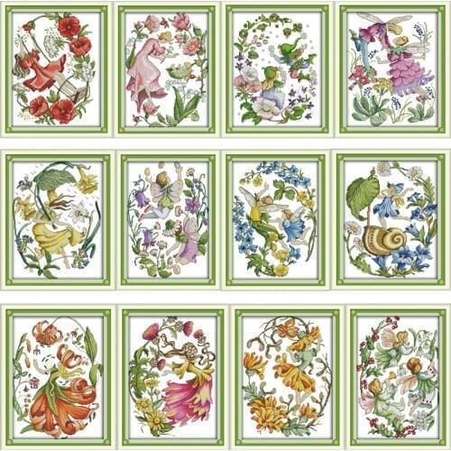 Joy Sunday Twelve months flower fairy series Counted 11CT Printed Fabric 14CT Canvas DMC DIY Hand Cross-stitch set Embroidery