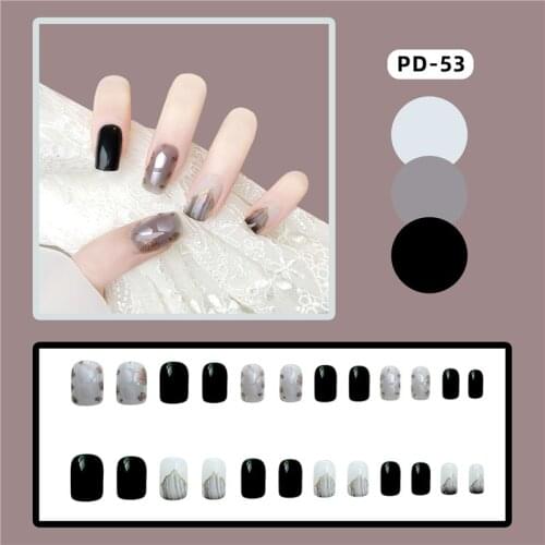 Short Fake Nail Stickers Black Shell Smudge Wearing Nail Manicure Finished Nail Patch 24pcs TN
