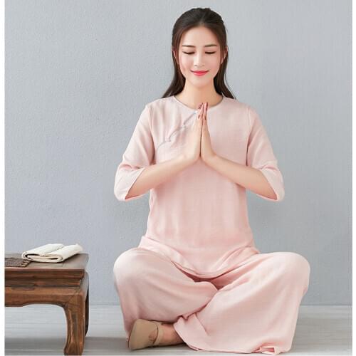 Art Style Yoga Suit Suit Female Meditating Tai Chi Suit Buckle Hanfu Cotton and Linen Sleeves Fashion Casual Suit Loose Movement