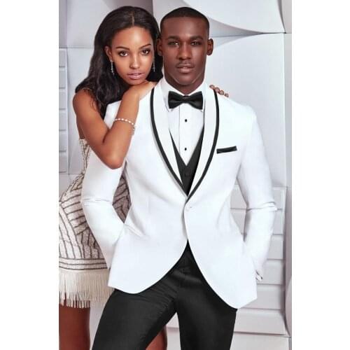 Handsome White Groom Wedding Tuxedos High Quality Slim Fit Mens Suits Black Shawl Lapel One Button Prom Party Blazer 2 Pieces