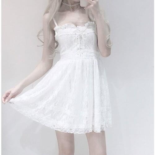 Japanese Lolita Style Summer Women White Mini Dress Suspenders Sexy Bandage Hollow Out Dress Cute Kawaii Lace Short Dress MH702