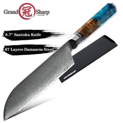Grandsharp 6.7 Inch Santoku Chef Knife Kitchen Knives Japanese Damascus VG10 Steel Sharp Blade Meat Fish Salmon Cutting Tools