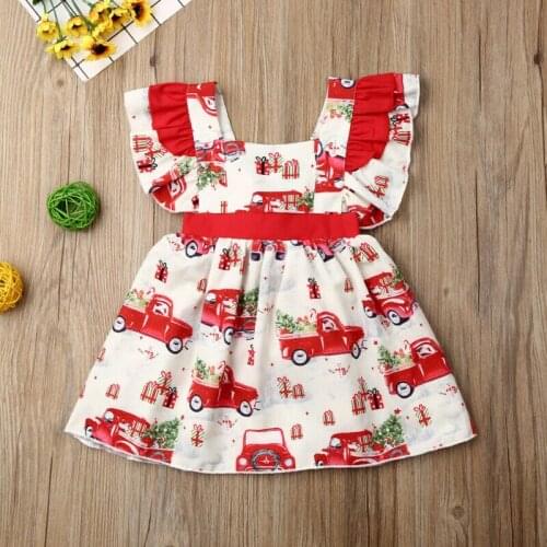Newborn Kids Baby Girl Christmas Clothes Dress Ruffles Sleeve Print Xmas Taxi Festival Bowknot Party Tutu Dress 0-3Y
