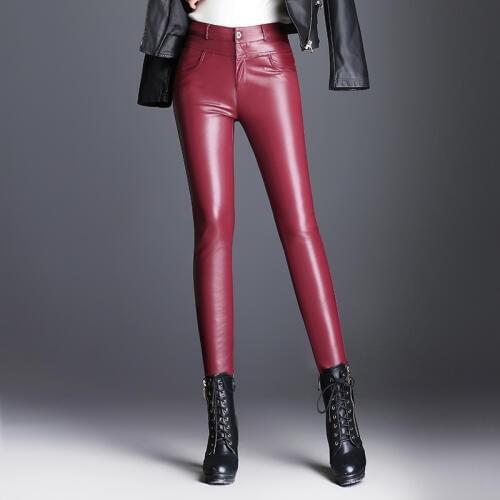 Fall Winter Fashion Womens High Waisted Pu Leather Black Wine Red Skinny Pants , Autumn Spring Woman Clothes Slim Warm Trousers