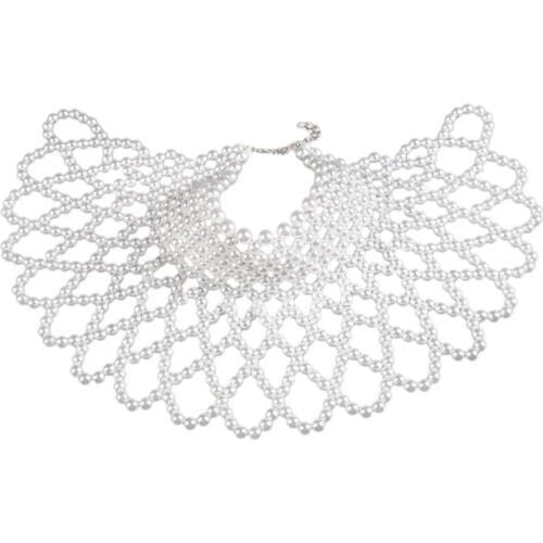 Women Imitation Pearl Beaded Bib Choker Necklace Body Chain Shawl Collar Jewelry 449F