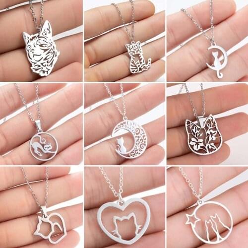 Stainless Steel Kitty Necklace Trendy Cat On the Moon Pendants Punk Jewelry Lovely Animal Pet Cat Necklace Kolye Collares