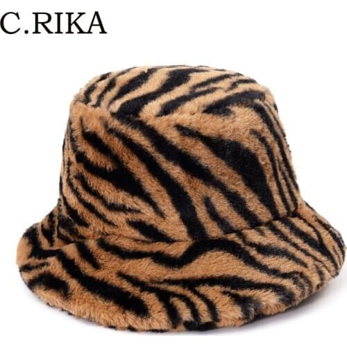 Zebra Plaid Leopard Faux Fur Bucket Hats Bob Autumn Winter Outdoor Warm Soft Velvet Fisherman Hat Lady Girls Outdoor Basin Cap
