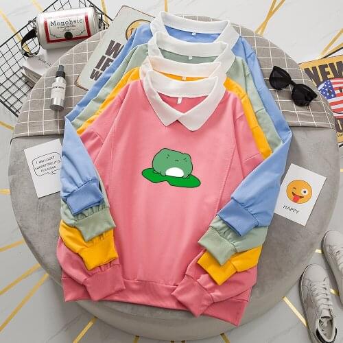 Kawaii Cute Frog Hoodie Oversized Sweatshirt Sweet Turn-down Collar Hoodies for Women Sport Jumper Female Korean Sweatshirts