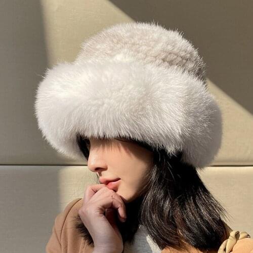 Outdoor Mink Fur Knitted Hats Real Fox Fur Women Winter Keep Warm Elasticity Ladies Luxury Basin Hat Fluffy Bonnet TZ8644