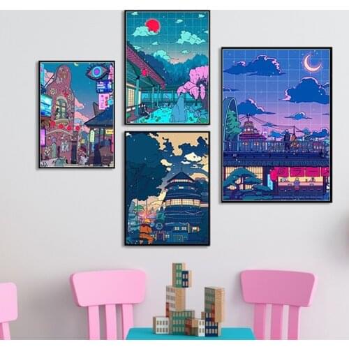 Japanese classic anime Naruto Demon Slayer Wall Art Cartoon Landscape Street View Poster Painting Home Living Room Decor Cudros