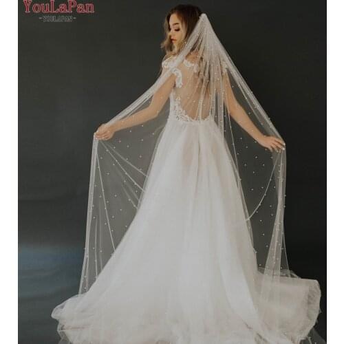 YouLaPan V05 Elegant Wedding Veil for Bridal Romantic Scattered Pearls Marries 5 Meters Bridal Veil Cathedral Wedding Veil Ivory