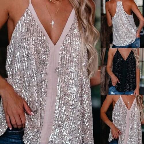 Women Summer Halter Sleeveless Tank Top Sexy V-Neck Racerback Loose Swing Camisole Shiny Sequins Strappy Sling Vest Party Shirt