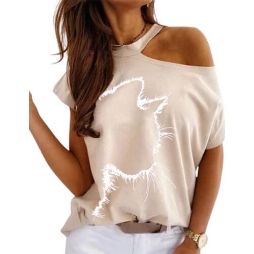 80%HOT Casual Women T-shirt O Neck Cats Print Short Sleeve Loose Blouse Top for Summer