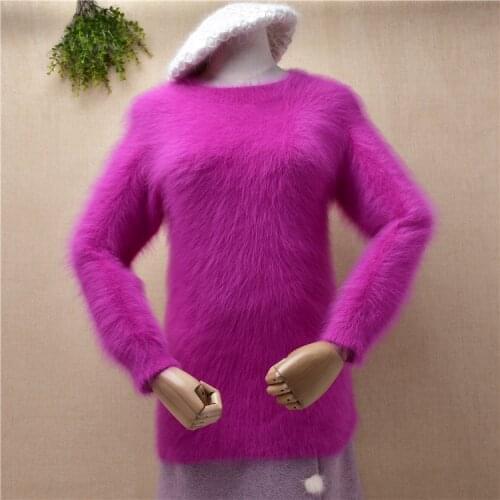 Female women pull rose hairy plush mink cashmere knitted o-neck slim blouses pullover angora fur winter jumper sweater pull tops
