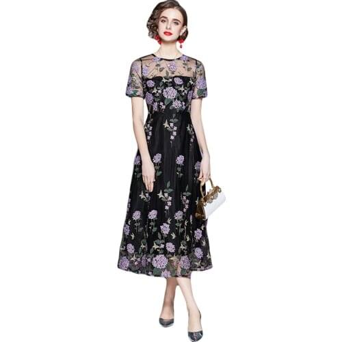 2021 New Summer Women Short Sleeve Slim Long Dress High Quality Mesh Flowers Embroidery Elegant Evening Dress