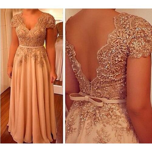 Plus Size Mother Of The Bride Dresses A-line V-neck Cap Sleeves Chiffon Appliques Beaded Long Groom Mother Dresses For Weddings