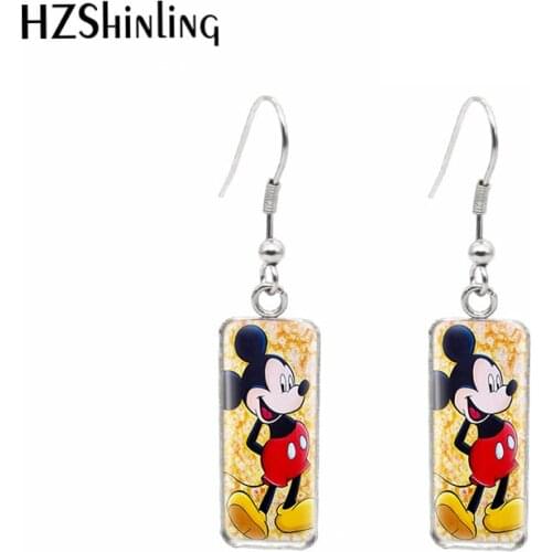 2021 Mickey Minnie Mouse Cartoon Pattern Rectangle Hook Dangle Drop Earrings Glass Cabochon Ear Jewelry