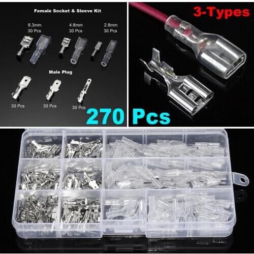 270pcs/Set 2.8/4.8/6.3mm Tinned Brass Mixed Female & Male Spade Crimp Terminal Connectors Set For Easy Storage And Carrying