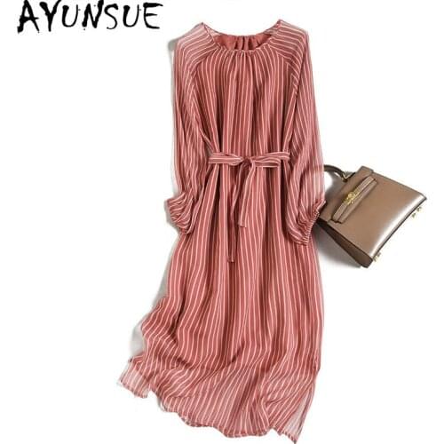 AYUSNUE Spring Summer Silk Dress Female High Quality Stripe Long Sleeve Dress Elegant Korean Fashion Dresses for Women 2021 KJ