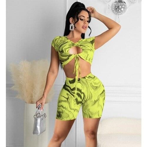 Gym Bandage Sexy Summer Outfits for Women Hollow Out Crop Top Biker Short Set Activewear Women Printed Slim Bodycon Co Ord Set